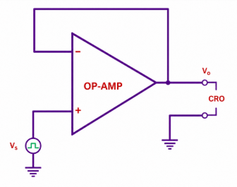 Op-amp slew-rate testing circuit with oscilloscope connection
