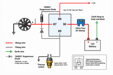 Temperature switch wiring diagram for automatic cooling fan control using relay protection